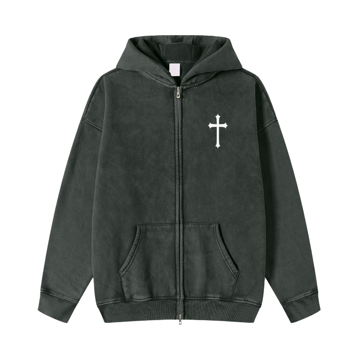 Streetwear Acid Washed Zip Fleece Hoodie Jacket - 360 GMS